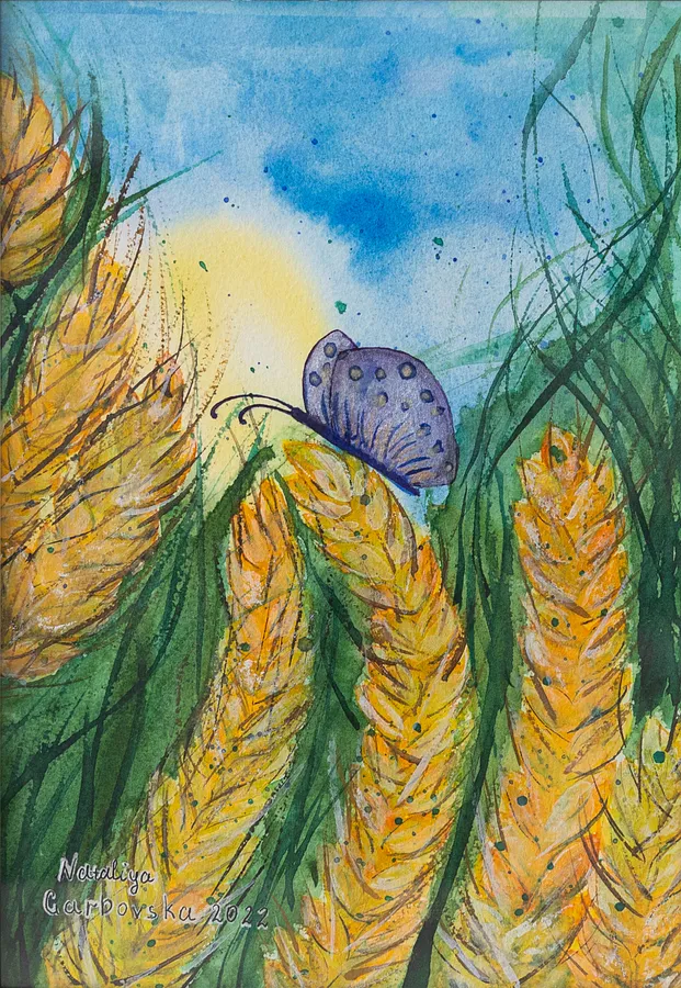 Image of Ears of Wheat and butterfly by Nataliya Garbovska, made of Watercolor , Painting medium, from Abu Dhabi, UAE, part of the Ukraine series