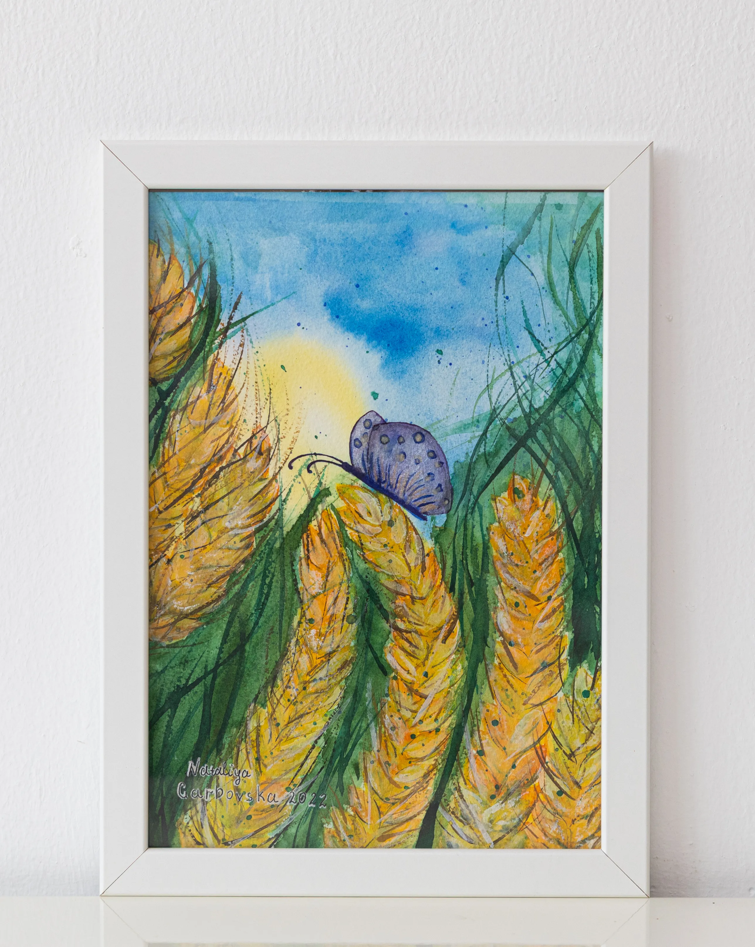 Image of Ears of Wheat and butterfly by Nataliya Garbovska, made of Watercolor , Painting medium, from Abu Dhabi, UAE, part of the Ukraine series Photo 2 of 2.