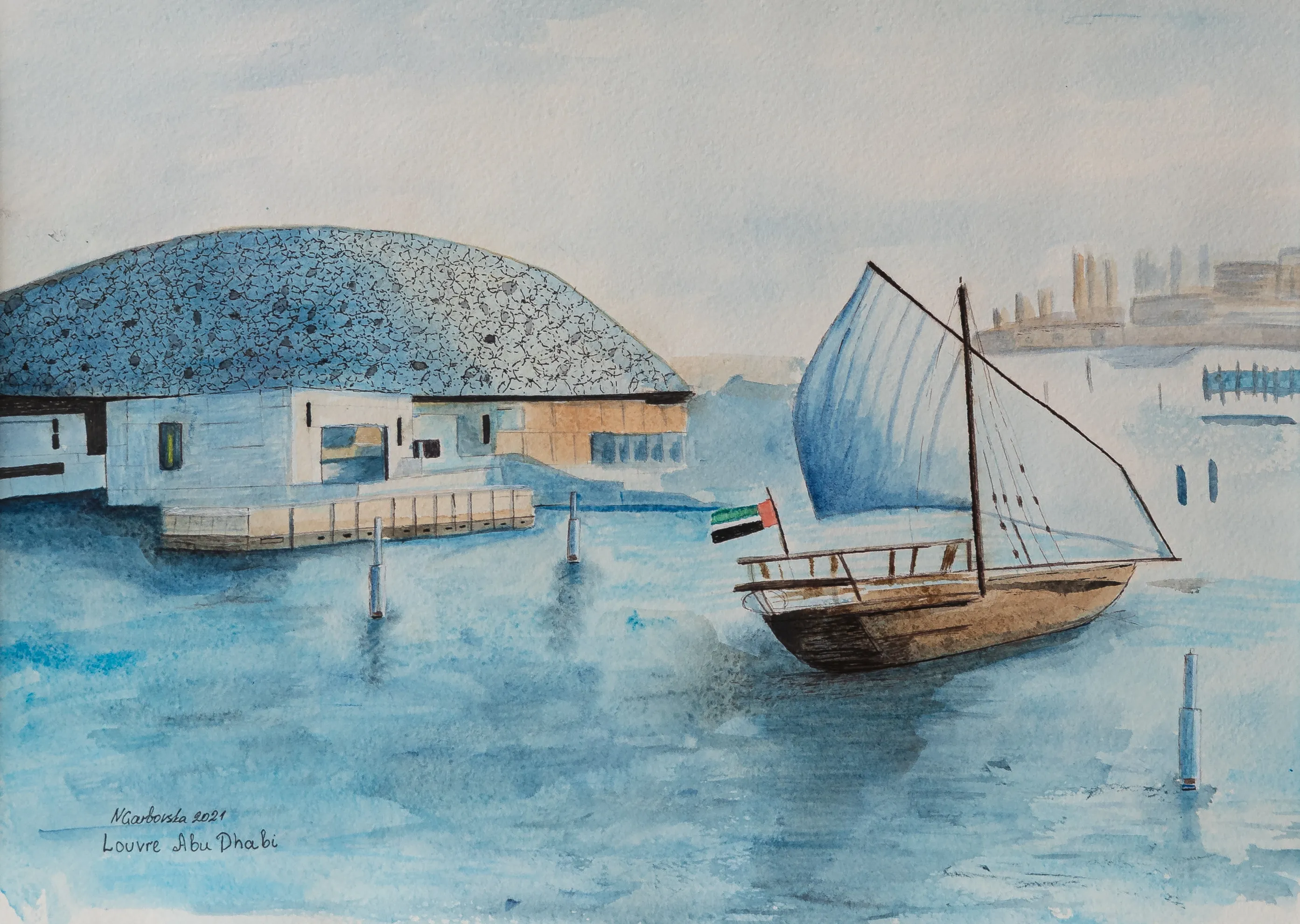 Image of Louvre Abu Dhabi by Nataliya Garbovska, size: 42x52, made of Water color , Painting medium, from Abu Dhabi, UAE, part of the UAE series Photo 1 of 2.